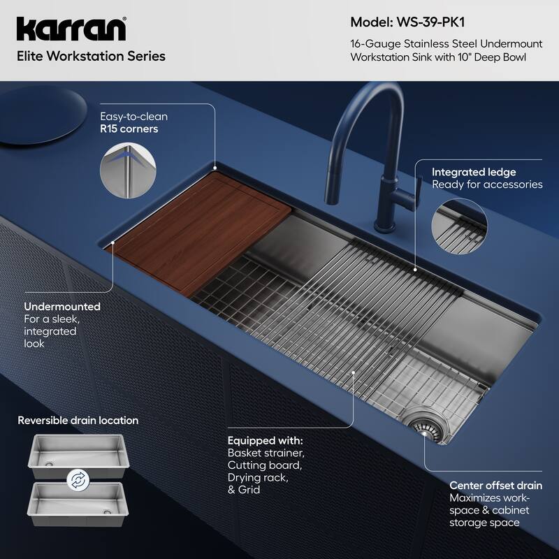 Karran Elite WS-39-PK1 Undermount 39" Single Bowl Stainless Steel Workstation Kitchen Sink
