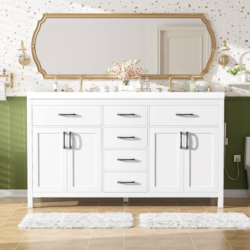 59.3" Modern Double Bathroom Vanity, Solid Wood Frame with SMC Sinks, Soft-Close Doors & Drawers - White