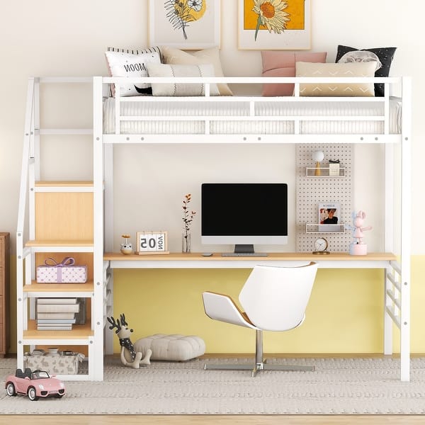 slide 2 of 17, Full Size Metal Loft Bed with Desk, Storage Staircase and Small Wardrobe White - Full