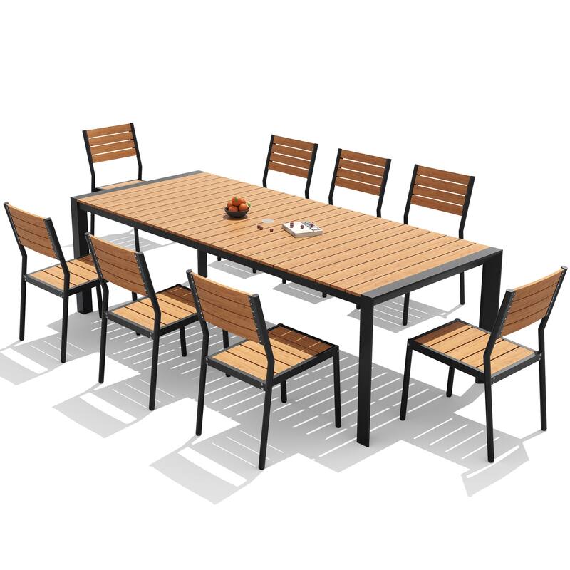 9-Piece Outdoor Patio Dining Set Wood Like Table Top Aluminum Rectangular Umbrella Hole Table with Stackable Dining Chairs