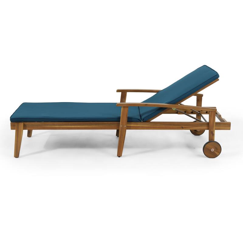 Outdoor Wooden Chaise Lounge Chair with Cushion & 5-Position Adjustable, Slat Reclining Chair with Wheels