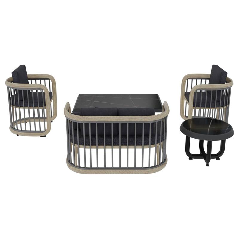 Klyra 5-Piece Outdoor Patio Conversation Set in Aluminum with a Rectangular Coffee Table , End Table and Olefin Fabric Cushions