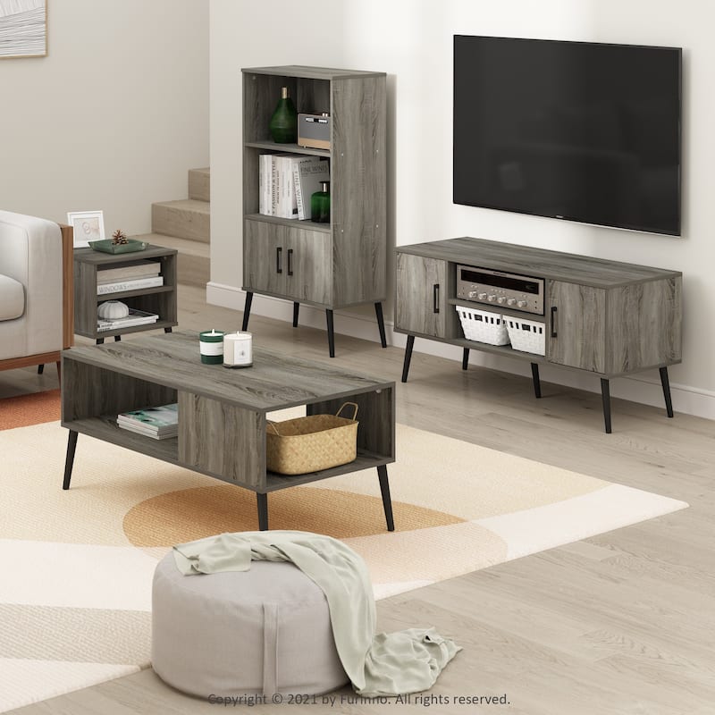 Furinno Claude Mid Century Style TV Stand with Wood Legs, Two Cabinets