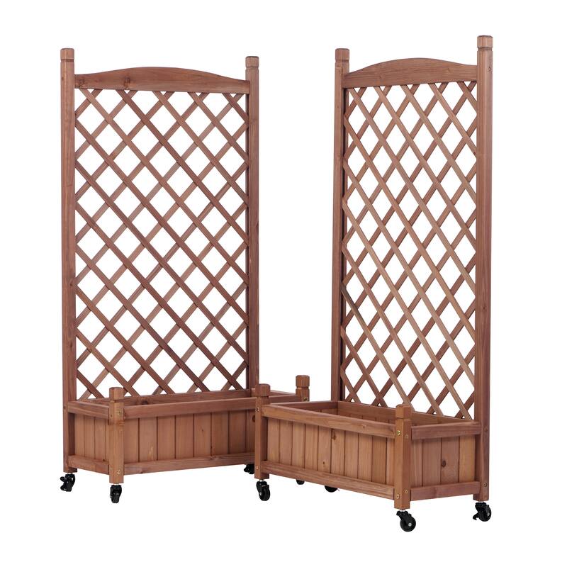 Set of 2 Portable Wood Planter Garden Bed with Wheels Drainage Trellis