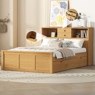 Full Size Wooden Platform Bed with Twin Size Trundle, USB Ports, 3-Drawers & Upper Shelves - Stylish Natural Design for Bedroom