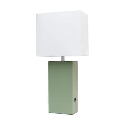 Leather Base Bedside Table Lamp with USB Charging Port - 21" - Sage Green
