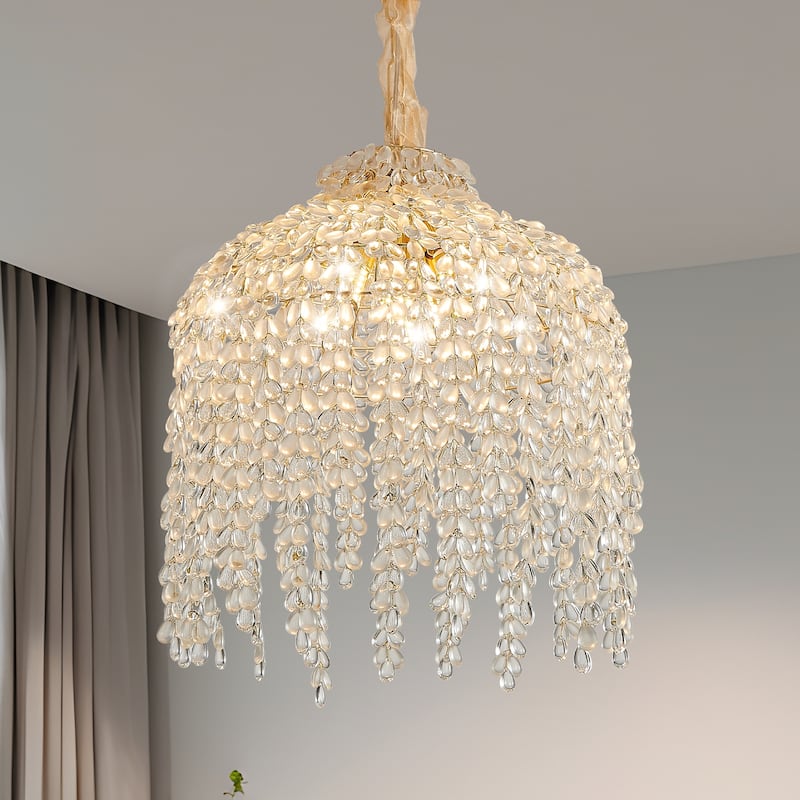 16 Inch 5-Light Crystal Pendant Light Chandelier-Elegant Waterfall Design with Grape-Shaped Crystal - Gold