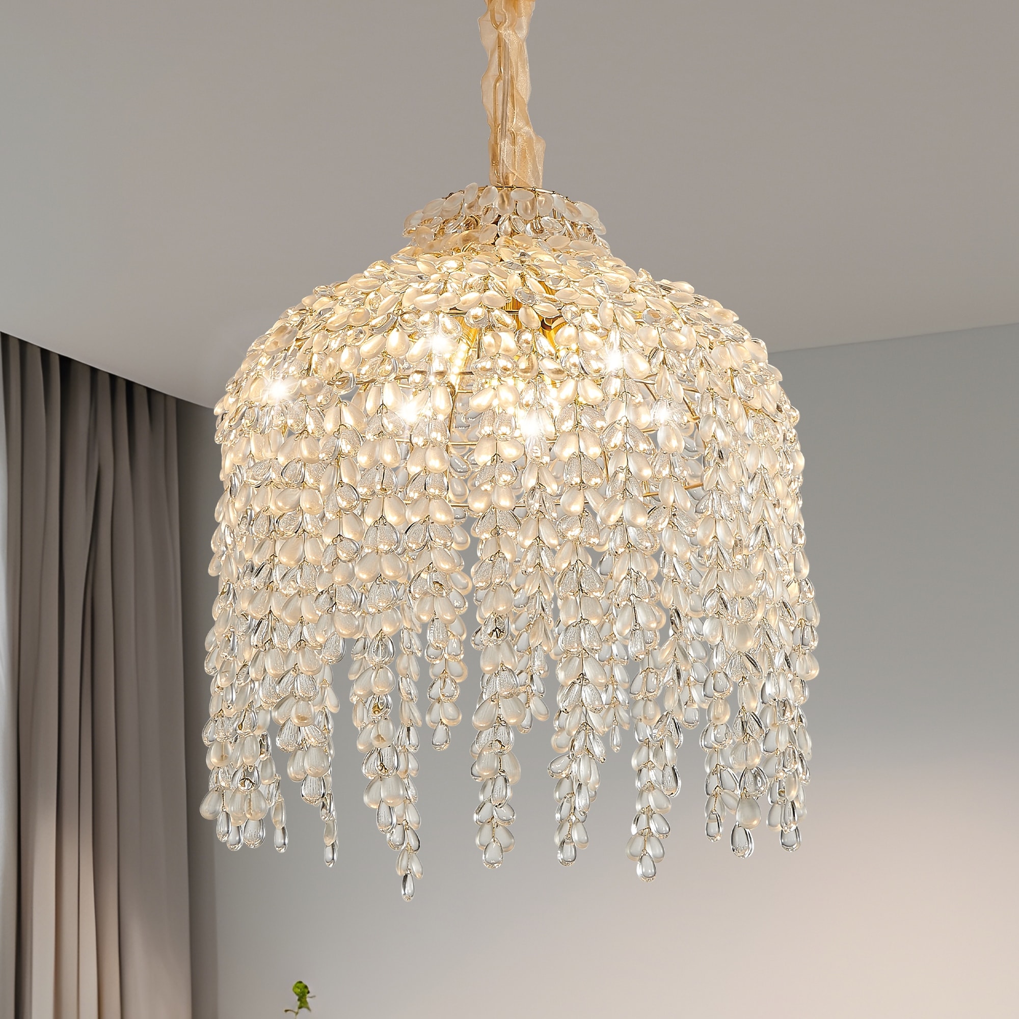 16 Inch 5-Light Crystal Pendant Light Chandelier-Elegant Waterfall Design with Grape-Shaped Crystal