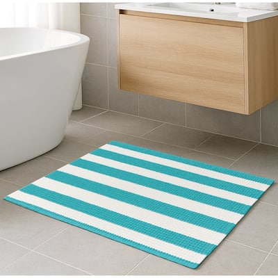 24"x16" - Light Blue White Stripe Large Soft Cozy Plush Chenille Bath Mat Bathroom Rug