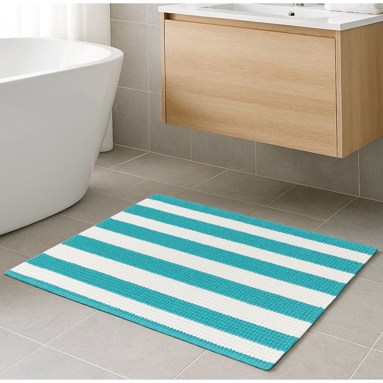 30"x20" - Light Blue White Stripe Large Soft Cozy Plush Chenille Bath Mat Bathroom Rug
