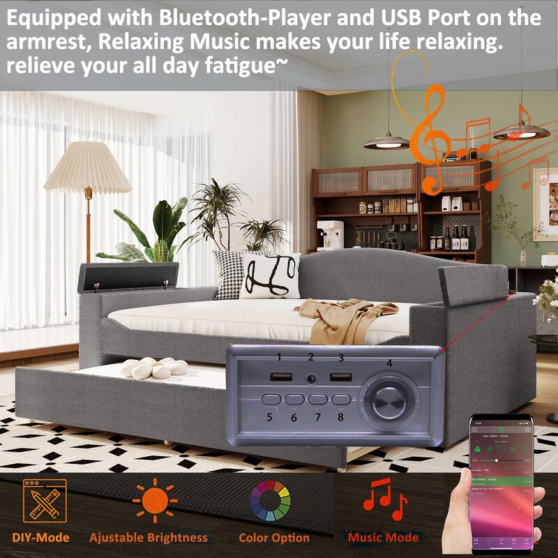 Full Size Upholstered Daybed with Storage Armrests, Trundle & Bluetooth