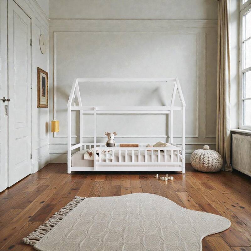 Wooden House Frame Floor Bed with Roof, Fence Guardrails, Pine Wood Kids Platform Bed for Bedroom