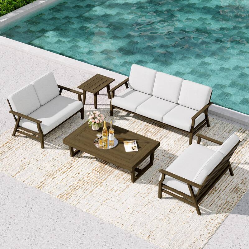 Teak Outdoor Seating Set with Daybed & Tables. - Brown Wood - Beige/5-piece
