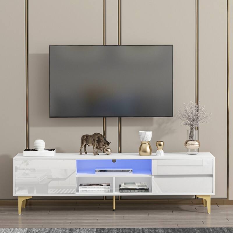 TV stand,TV Cabinet,entertainment center,TV console,media console,with LED remote control lights,UV bloom drawer panel - White