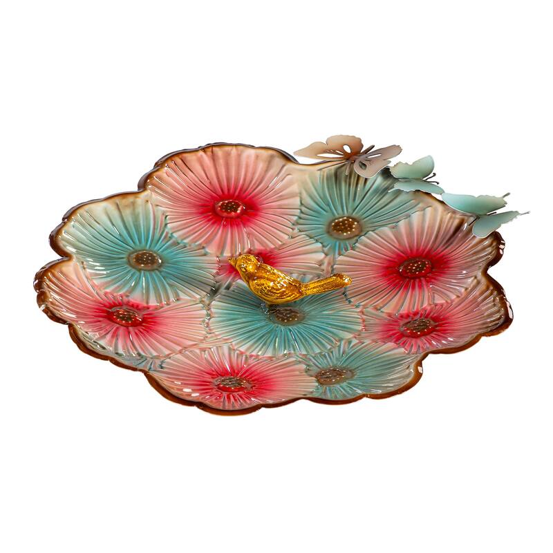 17" Metal Sculpted Edge Bird Bath, Butterfly & Flowers