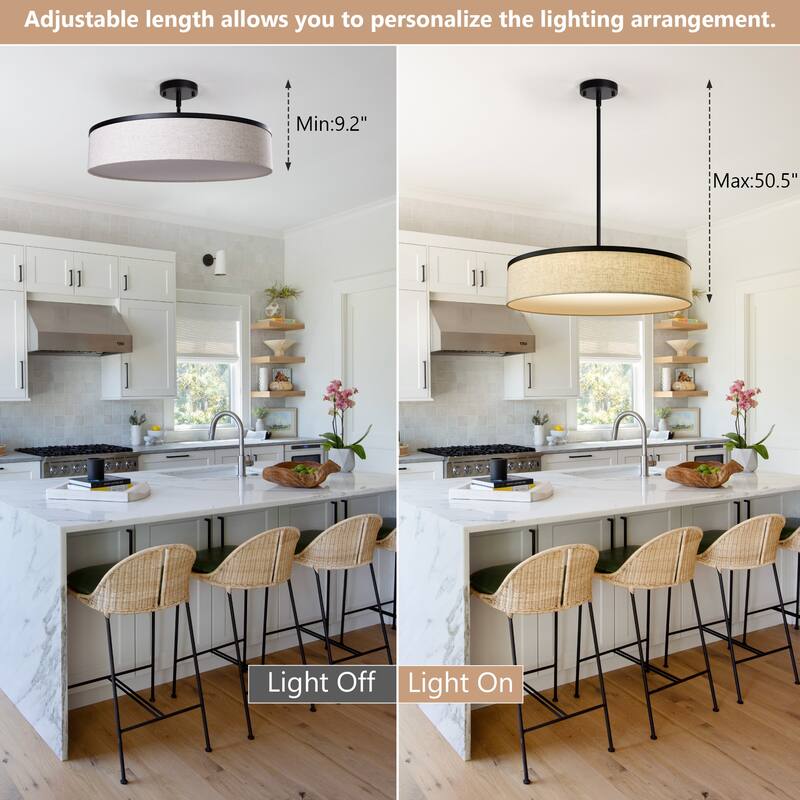 Farmhouse Drum Chandelier Integrate LED Ceiling Pendant w Fabric Shade
