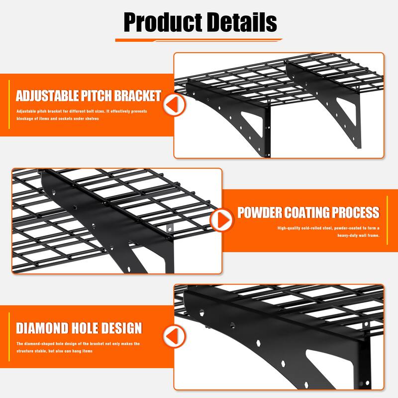 Black Metal Wall-Mounted Shelf Bracket 2-Tier Heavy Duty Storage Rack - 48x 24 x 12 in