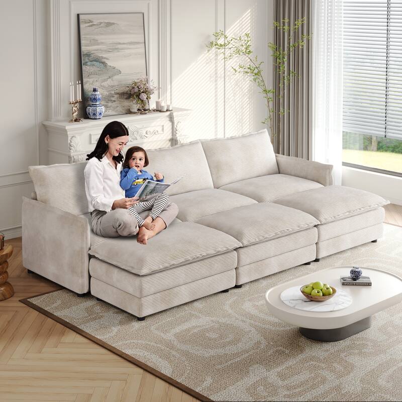 Living Room Cloud Sofa with Ottoman Chaise, 3-seater Upholstered Sectional Couch Corduroy Daybed Deep-seat Recliner Sofas - Beige - 3 Otto