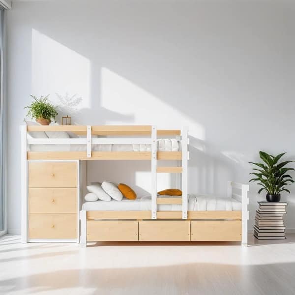 slide 2 of 17, Space-efficient Multifunctional Twin over Twin Loft Bunk Bed with Drawers and Ladder, Space-saving, Sturdy Construction, Natural Natural