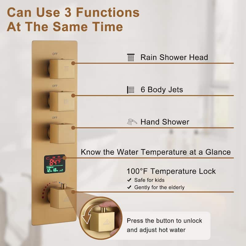 CASAINC 12 Inch Wall Mounted Square Shower Head Shower System with Handheld Shower Body Digital Display Shower 6 Body Jet