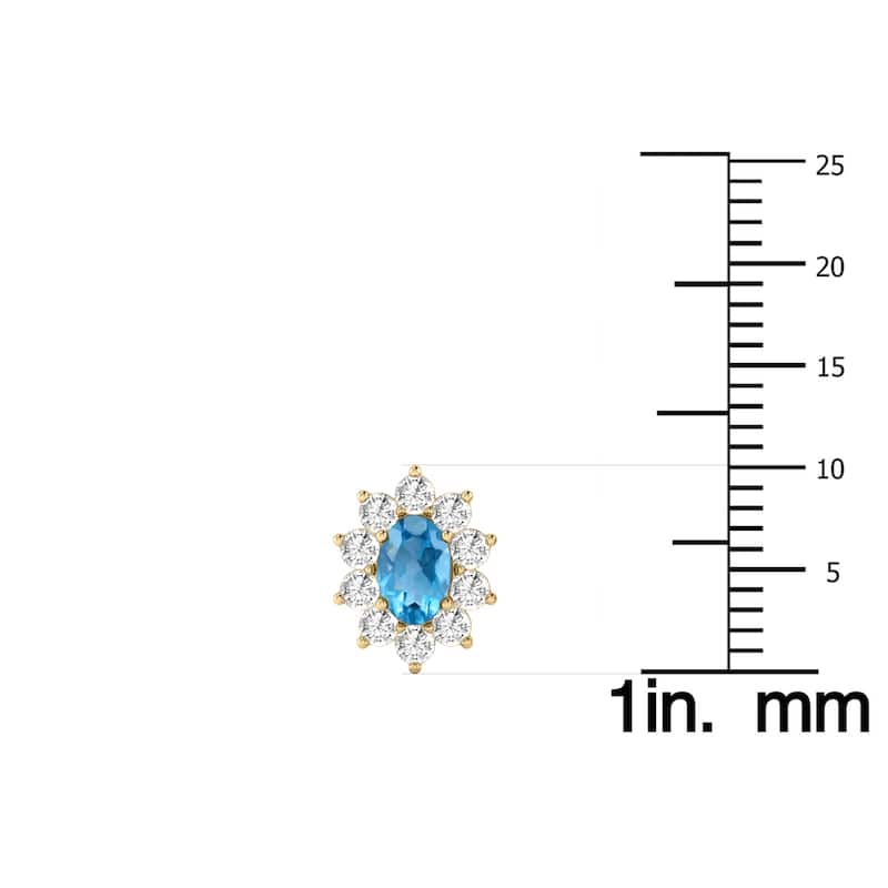 Marquee Oval Shape Blue Topaz and Diamond Flower Earrings in 14K Yellow Gold