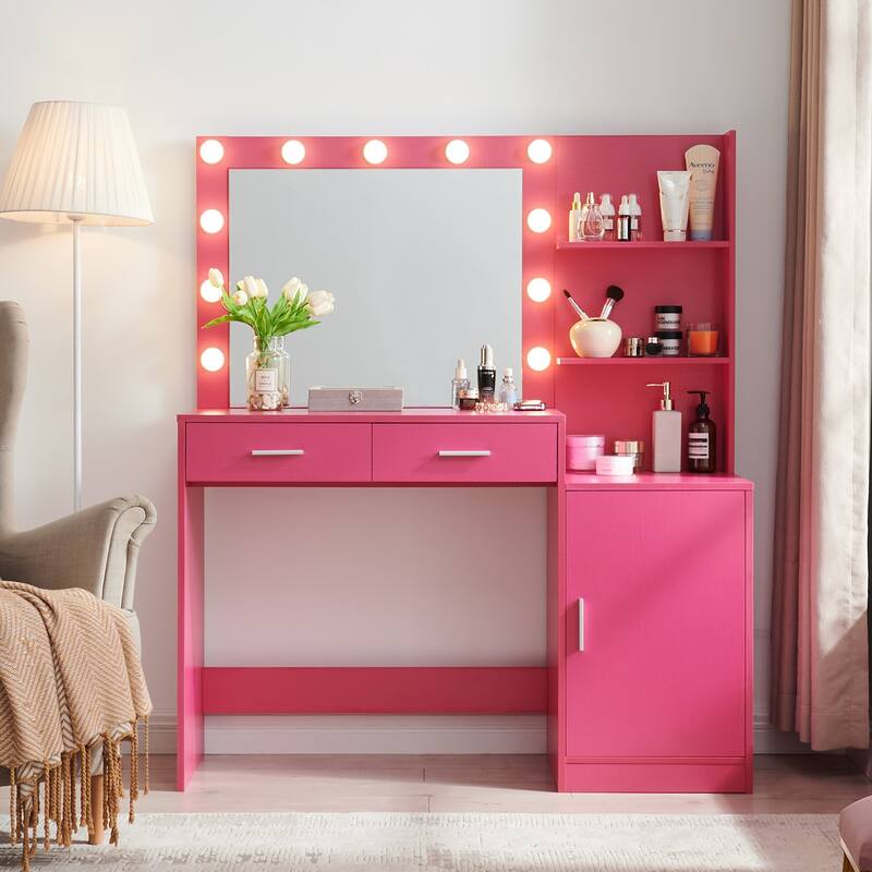 Modern Vanity Desk with Mirror, Lights and Storage - Rose Pink