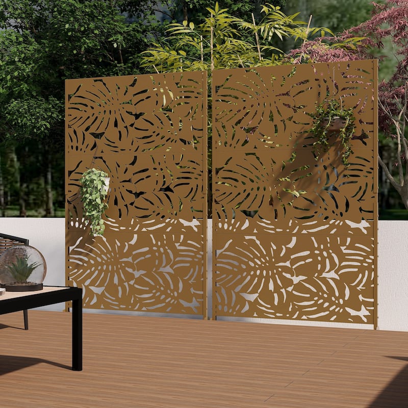 Outdoor Privacy Screen with Stand for Patio Garden Metal Fence - Brown - 011-Large Leaves