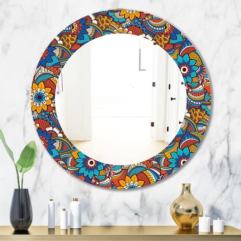 Designart 'Hand Drawn Pattern With Floral Elements' Printed Bohemian and Eclectic Oval or Round Wall Mirror - Blue