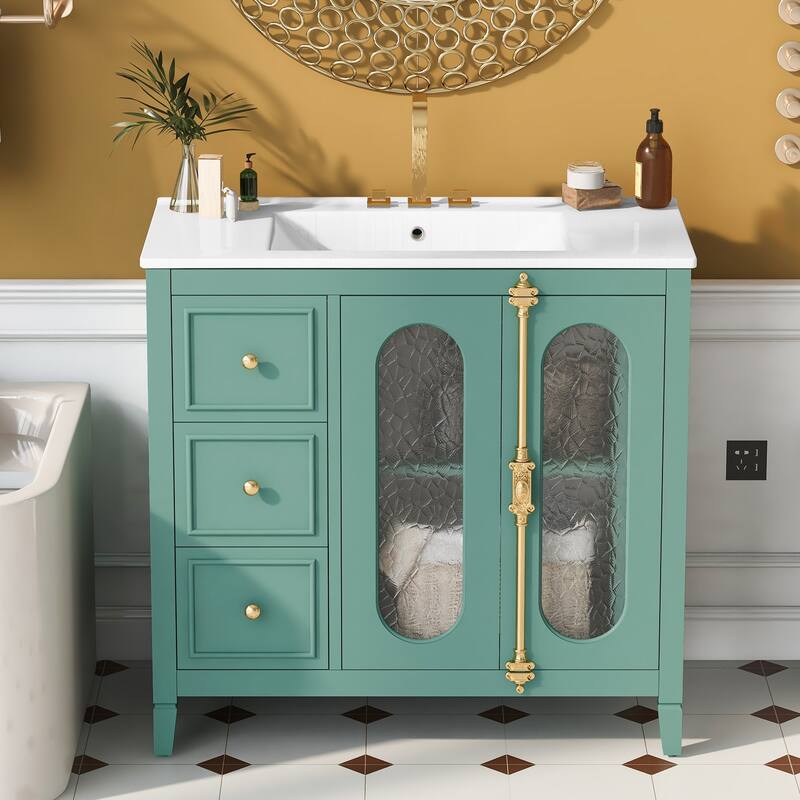 36" Ceramic Basin Bathroom Vanity, Soft Close Glass Doors Bathroom Storage Cabinet with 3 Drawers