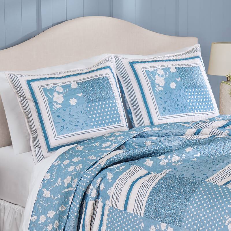 Payton Floral Stripe Patchwork Scalloped Edge Pillow Sham - Blue