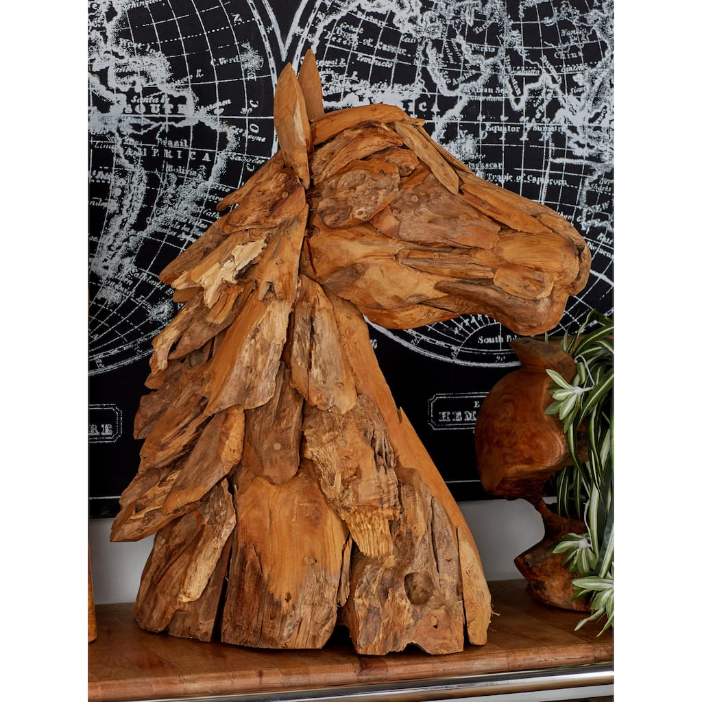 Brown Teak Wood Handmade Head Horse Decorative Sculpture with Layered Woodchip Pieces