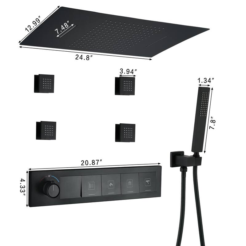 Modland Square Digital Rain and Waterfall Shower System with High-pressure Handheld Showerhead & 4 Massage Jets