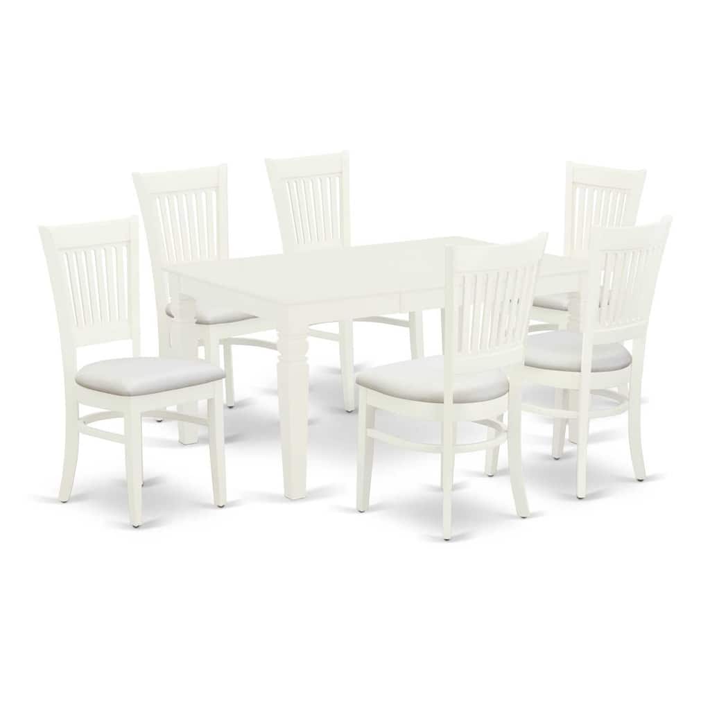 HomeStock 7-Pc Rectangle Linen White Finish Solid Wood Top Dining Table with 6-Chairs with Slat Back