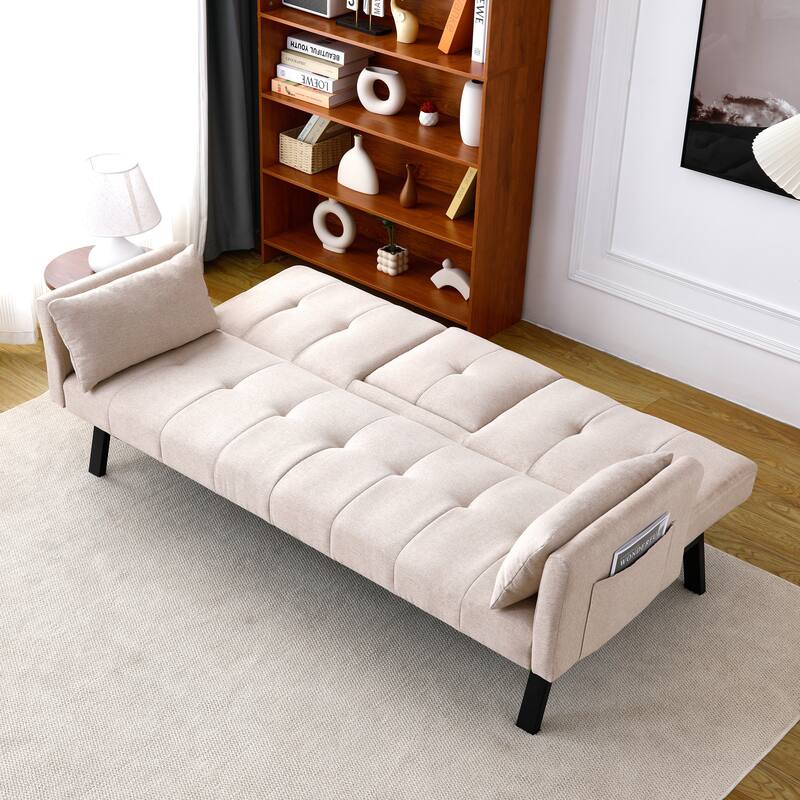 Cotton Linen Fabric Loveseat Sofa Sleeper Sofa Bed for Small Space with Center Table, Cup Holders, Pillows and Side Pockets