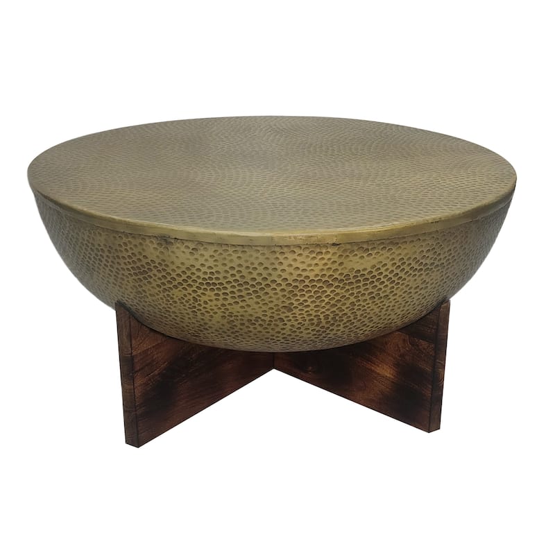 Arden Coffee Table, Round Hammered Metal Top, Mango Wood Base, Antique Brass