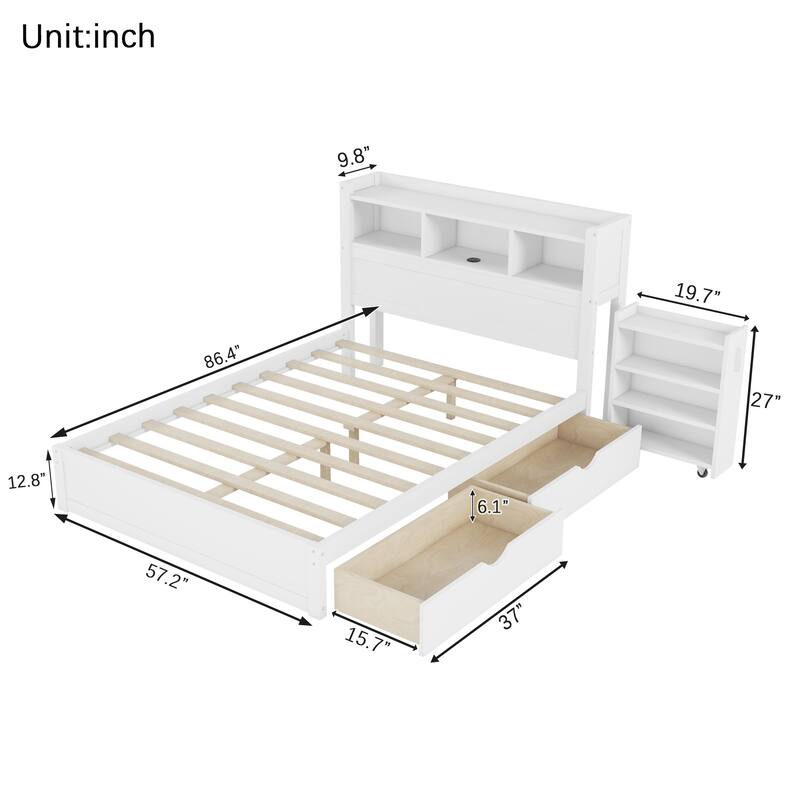 Roomfitters Twin/Full Platform Bed, LED Bookcase Headboard and Pull Out Storage Drawers with Wooden Frame for Bedrooms