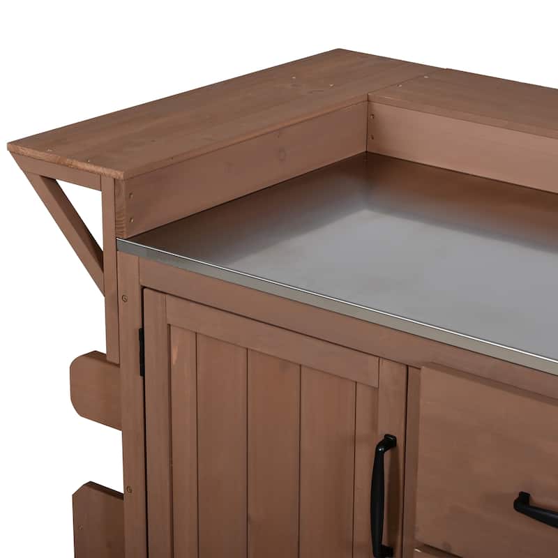 60" Rolling Outdoor Kitchen Island with Stainless Steel Top, Wood BBQ Prep Cart with Wine Rack & Drawers