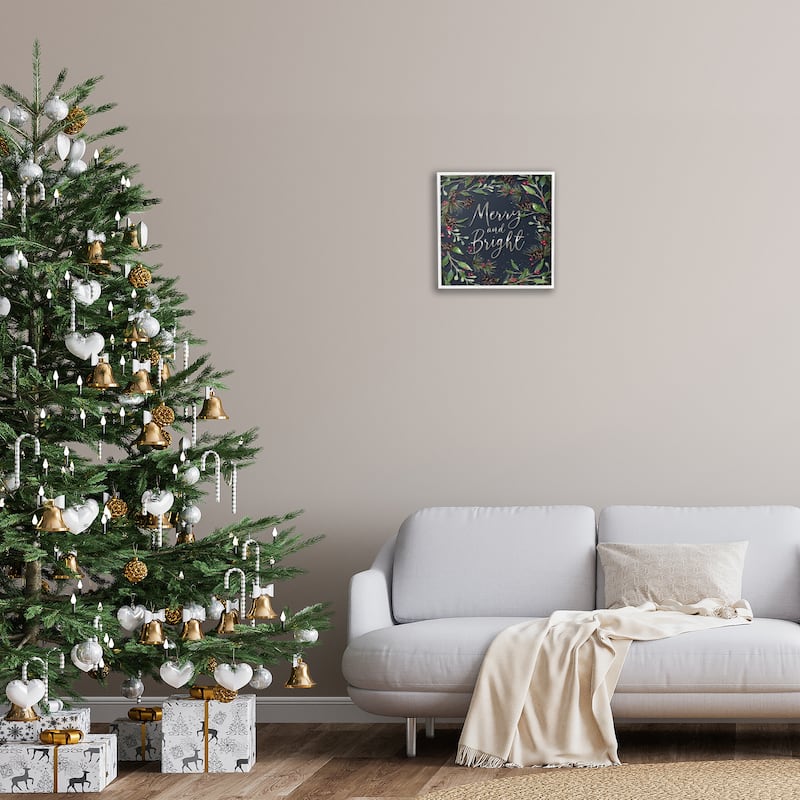 Stupell Merry & Bright with Holly Leaves Framed Giclee Art Design By Elizabeth Tyndall