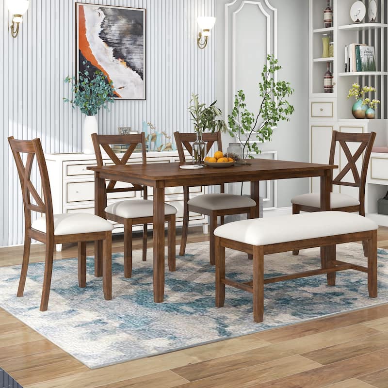 Nestfair 6-Piece Dining Table Set with 4 Fabric Chairs and Bench - Natural Cherry