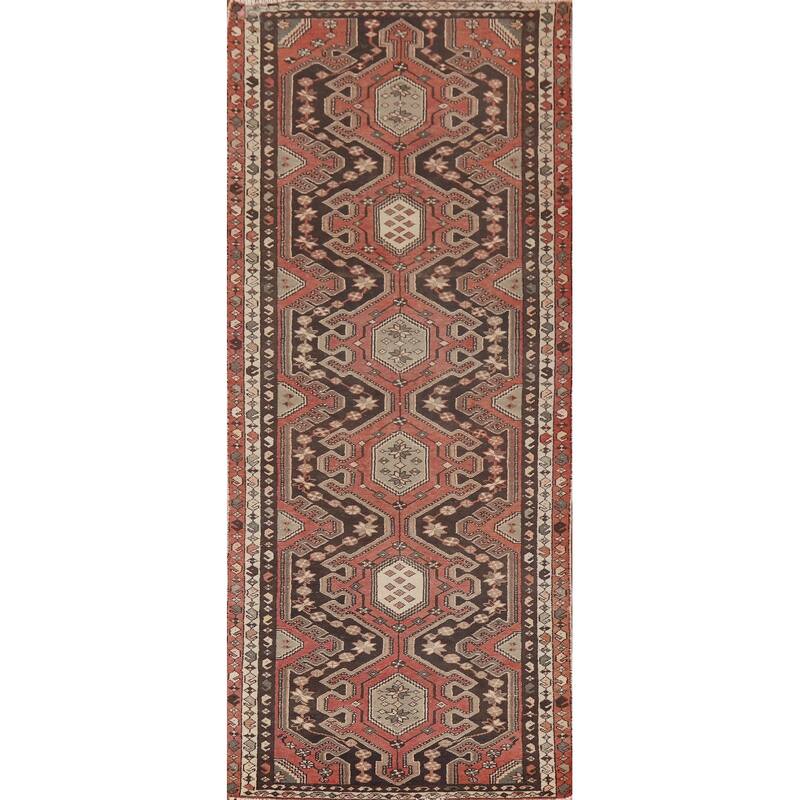 Geometric Orange Hamedan Vintage Runner Rug Handmade Wool Carpet - 3'6" x 10'1"