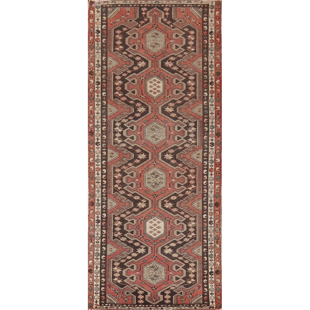 Geometric Orange Hamedan Vintage Runner Rug Handmade Wool Carpet - 3'6" x 10'1"