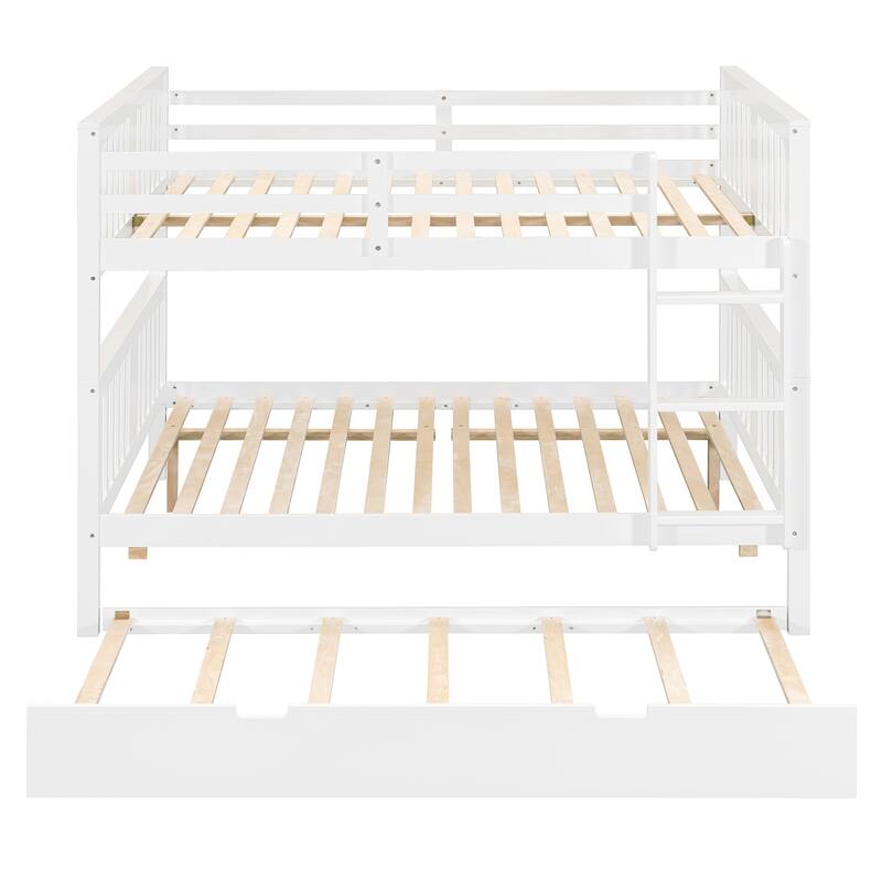 Full Size Wood Bunk Bed with Twin Size Trundle and Ladder, Divided Into 2 Individual Beds, Full Over Full Bunk Bed Frame