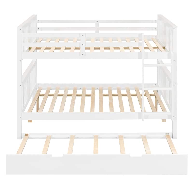 Full over Full Wooden Bunk Bed Frame with Twin Size Trundle and Ladder