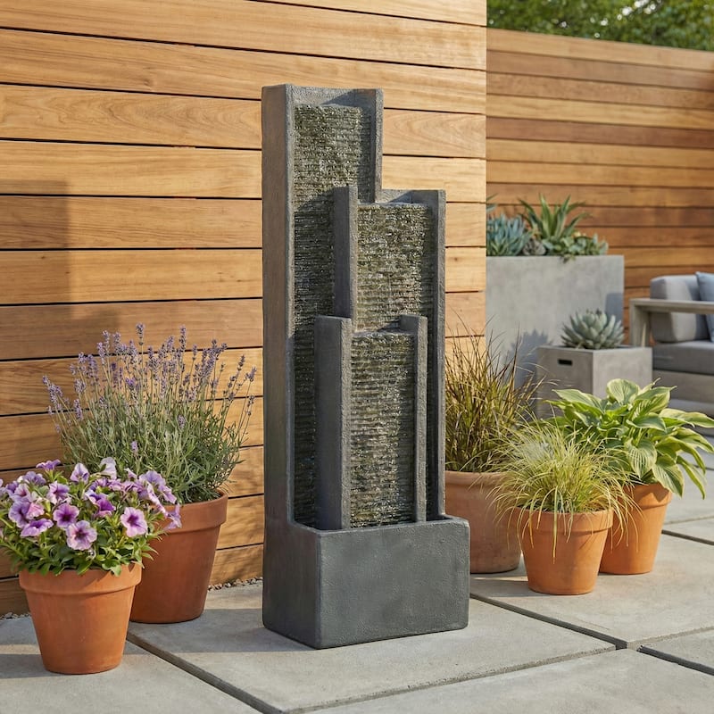 GDFStudio - Modern 40" Outdoor/Indoor Water Fountain with Floor-Standing Curved Cascading Waterfall & LED Lights