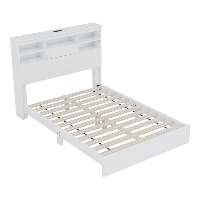 Queen Size Wooden Platform Bed with Storage Bookcase Headboard, American Country Style Bed Frame with USB Charging Ports