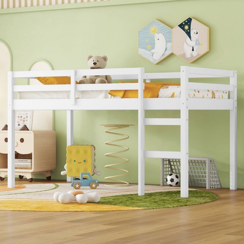 Solid Rubber Wooden Twin Loft Bed with Ladder and Strengthened Slats