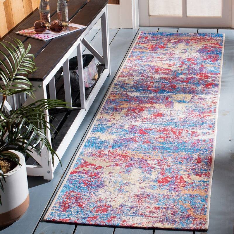 SAFAVIEH Summer Zaiga Boho Indoor/ Outdoor Waterproof Patio Backyard Rug - 2' x 8' Runner - Blue/Red