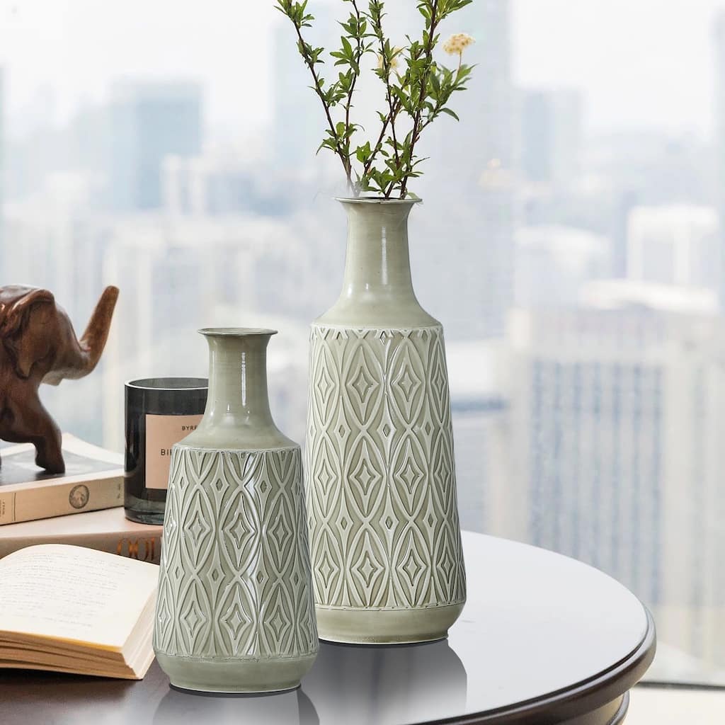 Vintage Grey and Green Metal Bottle Vases (Set of 2)