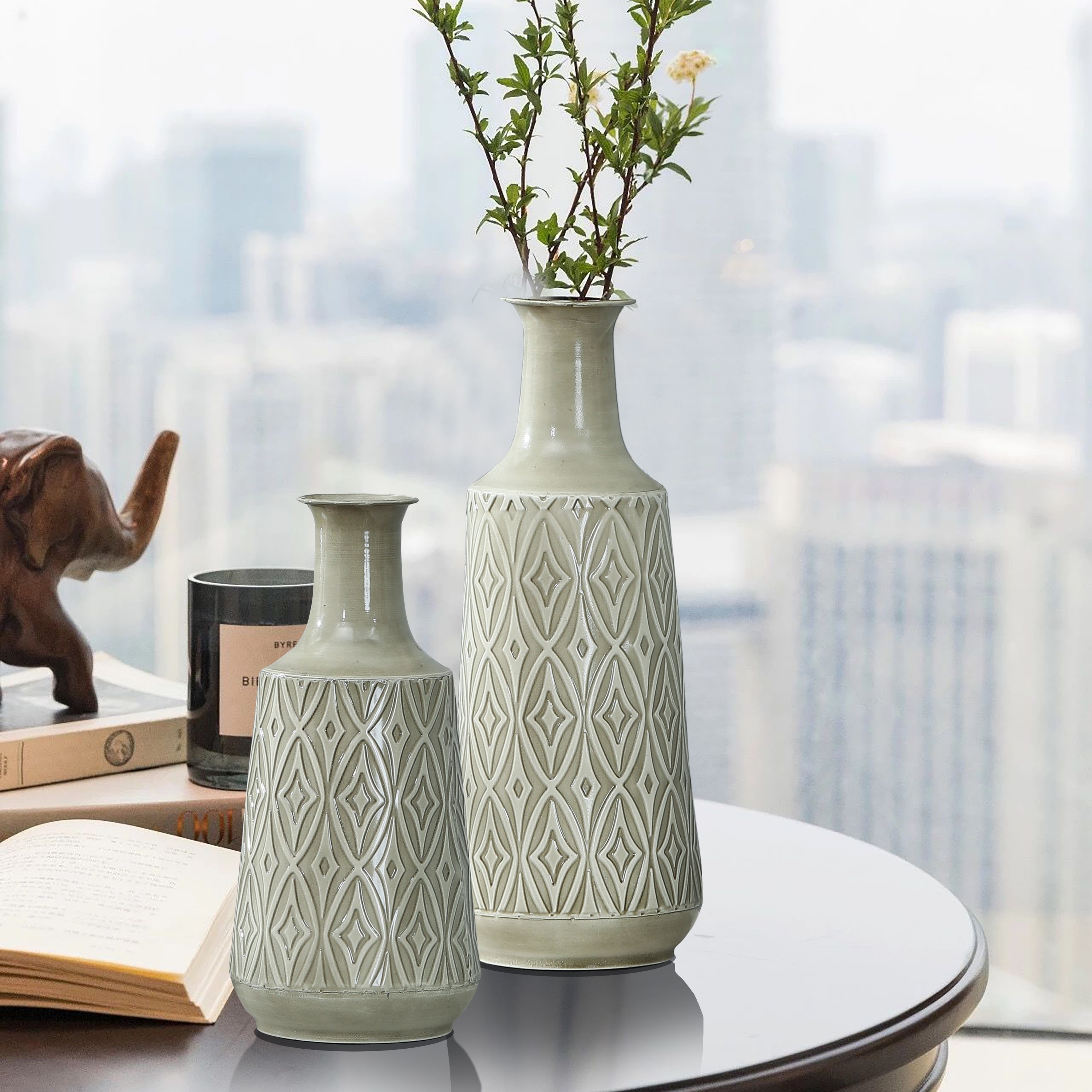 Vintage Grey and Green Metal Bottle Vases (Set of 2)
