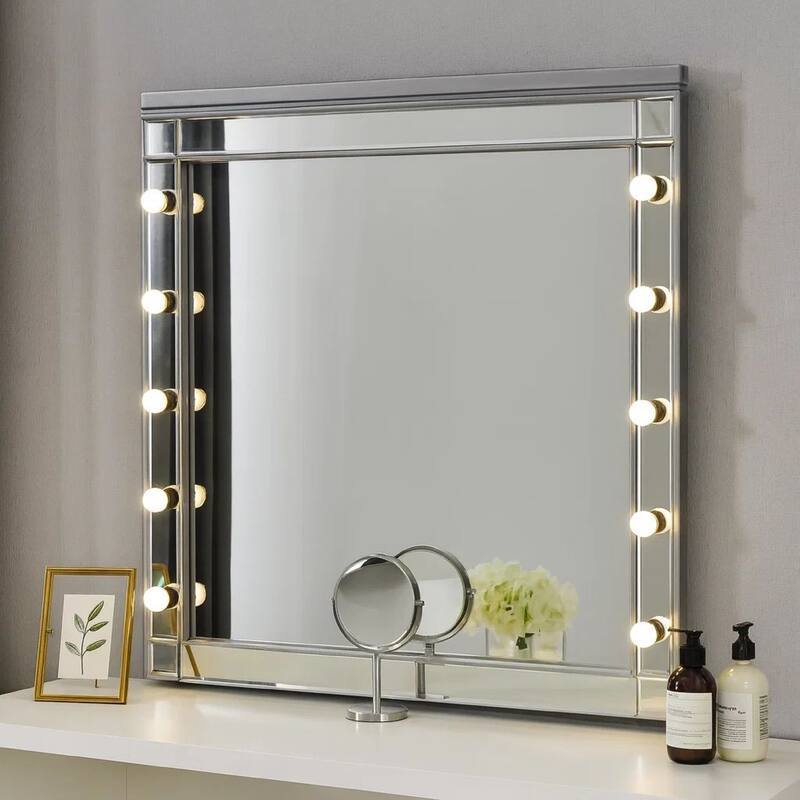 Lee 37 x 40 Vanity Mirror, 10 Light Bulb Sockets, Modern Silver Wood Frame